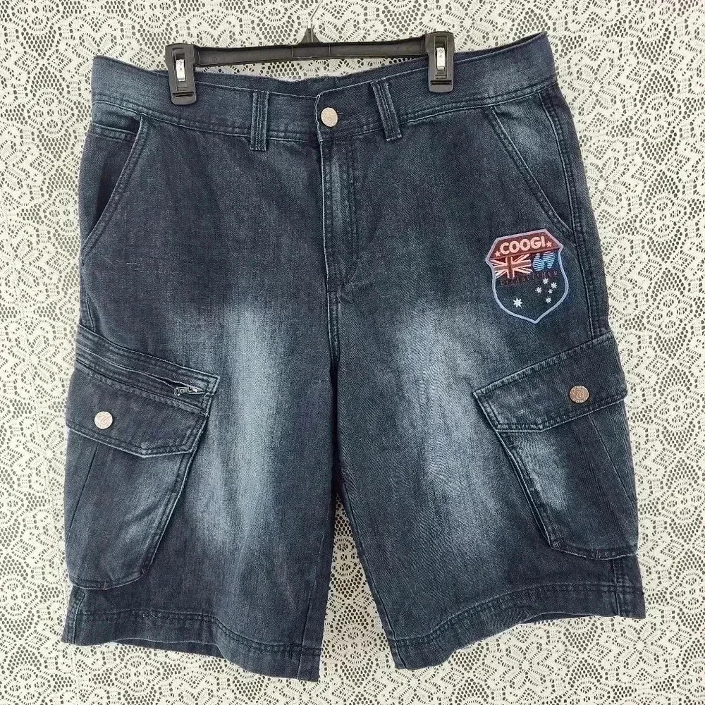 Coogi Embroidered Men's Denim Cargo Shorts 36 Navy Blue